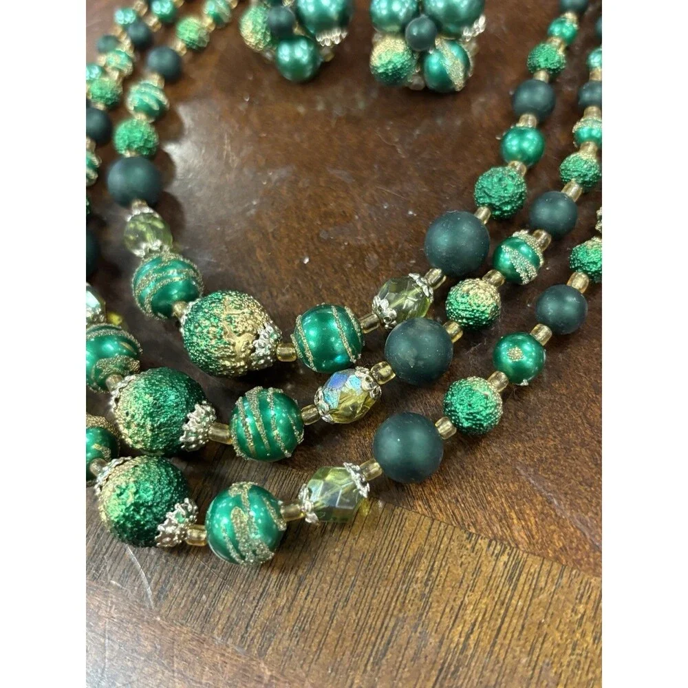 Vintage 1950s Japan Green Sugar Bead Triple Strand Necklace Clip Earrings Set